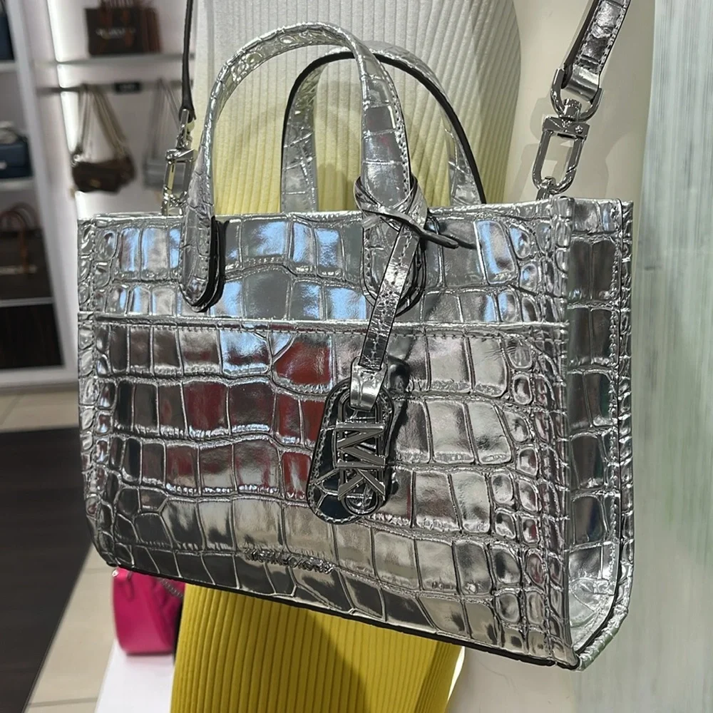 Michael Kors Gigi Small Metallic Crocodile Embossed Leather Messenger Bag Silver